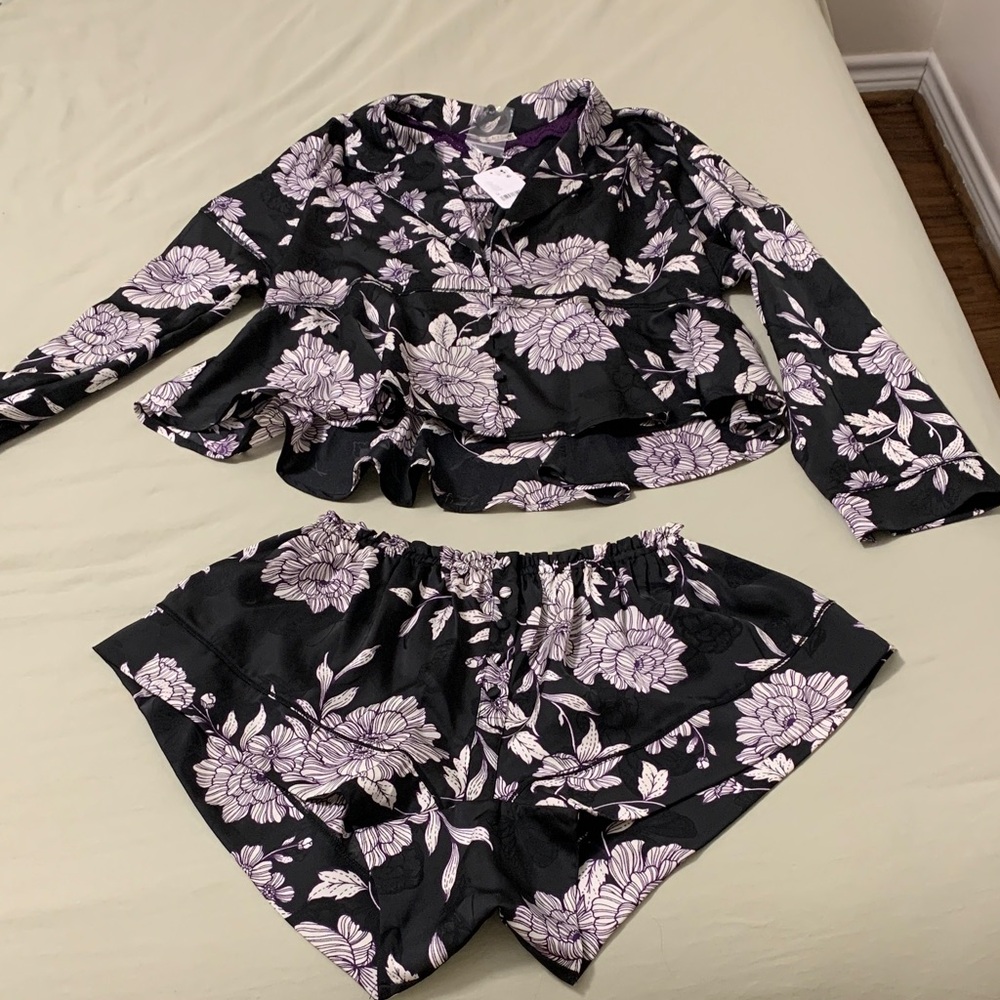 Free People Floral Black and Purple Pajama Set